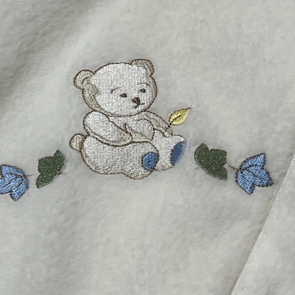 McBaby Fleece One‎ Piece Ivory Embroidered Teddy Bear Blue Trim Hooded Size 6-9M
